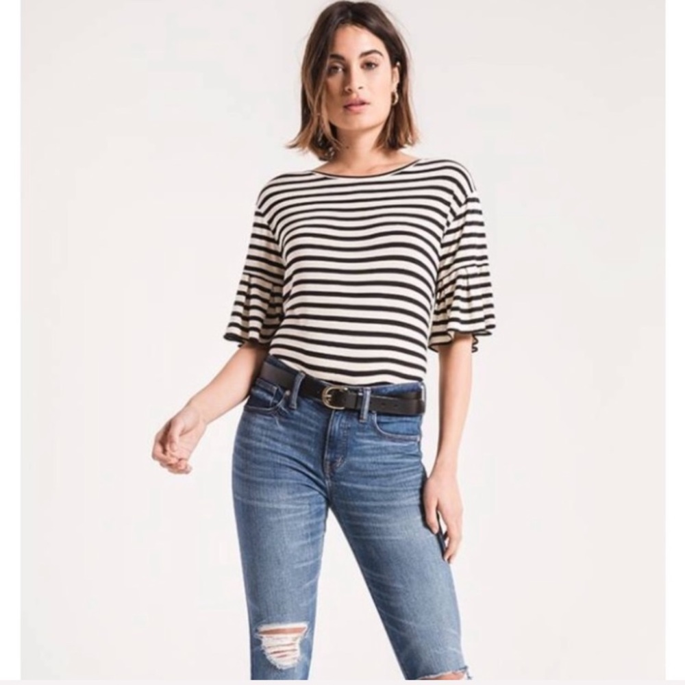 Z Supply Stripe Black Ruffle Sleeve Crew Tee